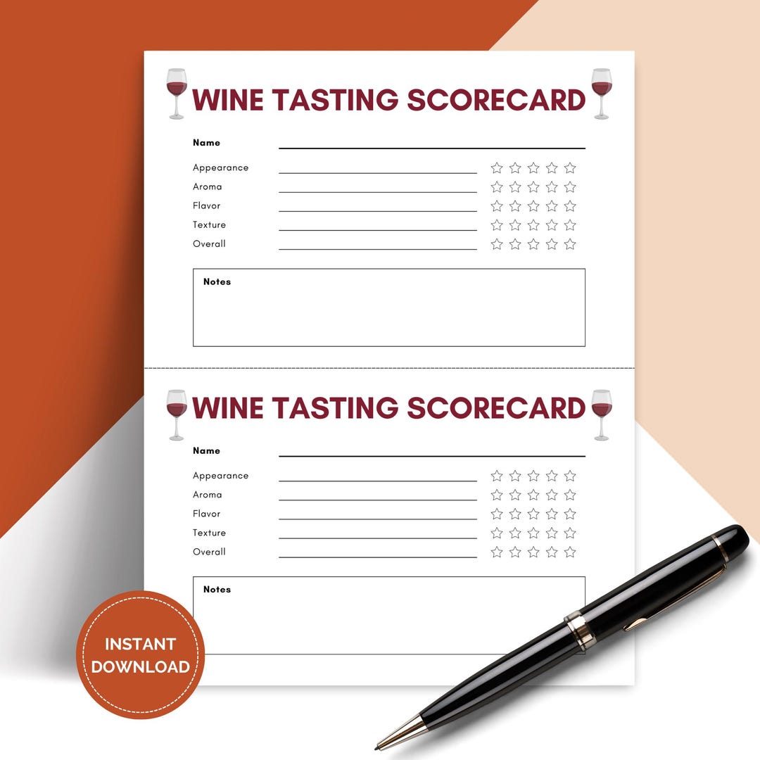 Printable Wine Tasting Score Cards for Wine Themed Party, Winery Outing ...