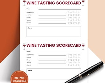May include: Two white wine tasting scorecards with the text "WINE TASTING SCORECARD" and sections for name, appearance, aroma, flavor, texture, and overall. A black pen rests on the bottom right corner. A round sticker with the words "INSTANT DOWNLOAD" is in the bottom left.