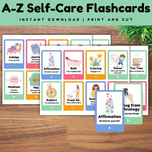 Tarjetas didácticas de autocuidado imprimibles de la A a la Z para niños o adultos, tarjetas didácticas de bienestar