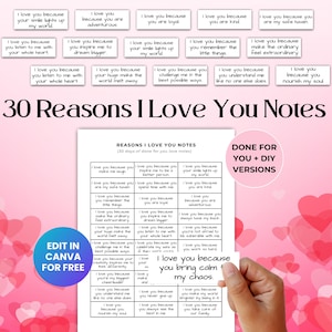 Minibilhetes de amor editáveis com motivos pelos quais eu te amo para o Dia dos Namorados, aniversários, 30 maneiras de dizer "Eu te amo", presente perfeito para casais no Dia dos Namorados.