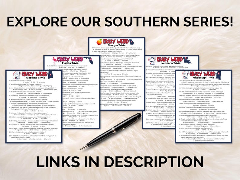 Southern Trivia Printable Crazy Weird Mississippi Trivia Game, US States Pub Trivia ...