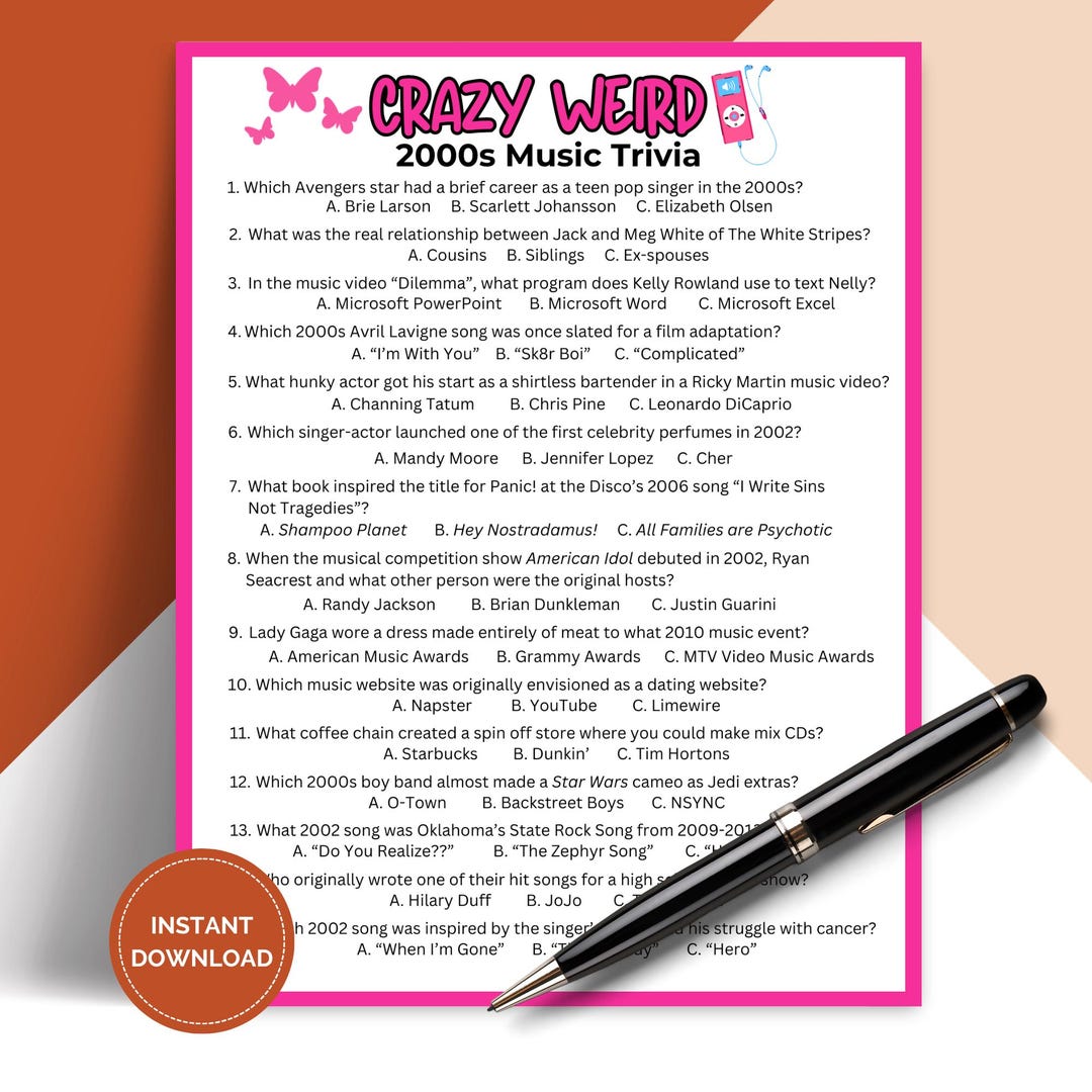 Printable Crazy Weird 2000s Music Trivia Game, Y2K Pub Trivia ...