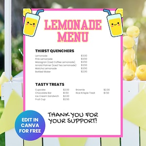 May include: A pink-bordered lemonade menu with the text "Lemonade Menu" in pink. The menu lists "Thirst Quenchers" and "Tasty Treats" with prices. Cute cartoon lemonade glasses are at the top. The bottom says "Thank you for your support!"