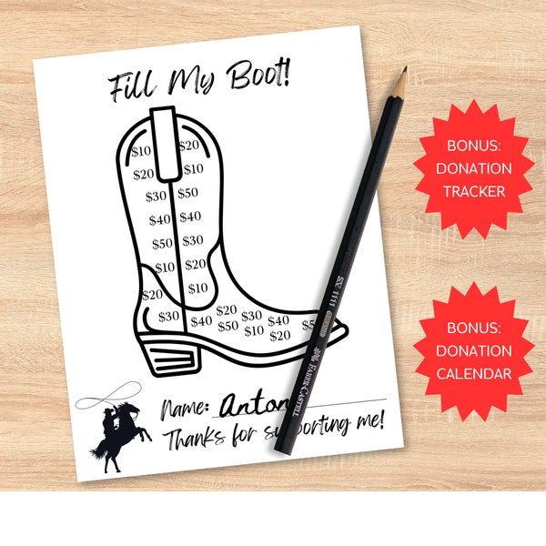 Printable Fill My Cowboy Boot Fundraiser Bundle, Fundraiser 4H Pick a Date Calendar, Donations Tracker, Quick Fundraiser