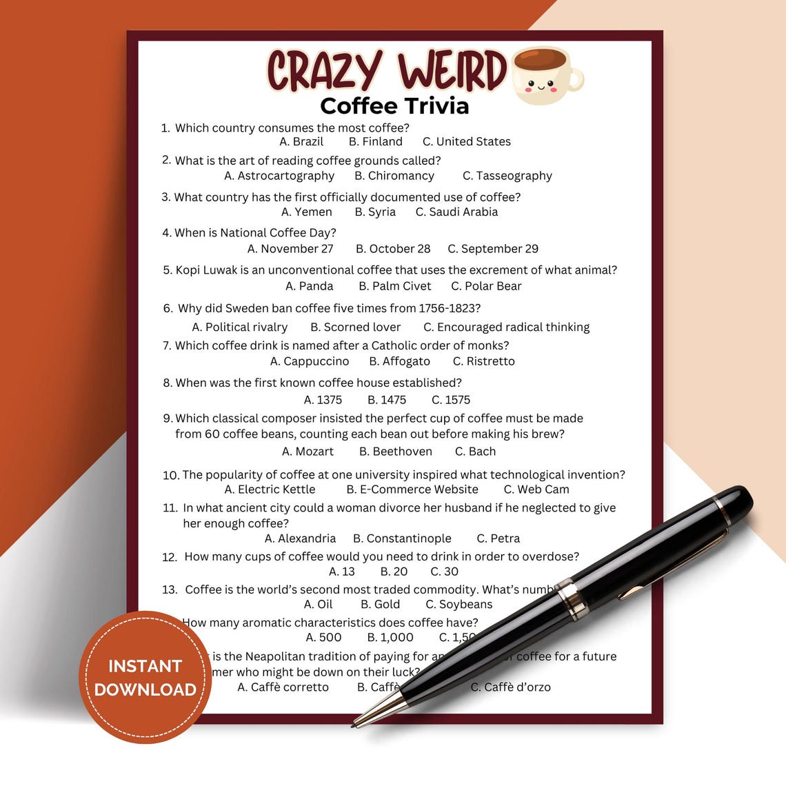 Trivia Break Printable Crazy Weird Coffee Trivia Game, Pub Trivia, Icebreaker ...