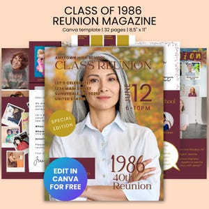 Editable Class of 1986 Reunion Canva Magazine Template for College or High School Reunion, Inexpensive Class Reunion Gift Ideas