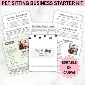 Kit de inicio editable para cuidadores de mascotas: Planificador, folleto desprendible y boletines de calificaciones para perros y gatos.