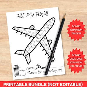 Wydrukowany pakiet na zbiórkę funduszy dla studentów na wymianie zagranicznej: Napełnij mój samolot, wybierz datę, kalendarz darowizn + śledzenie zbiórek