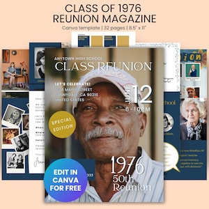 Edytowalny szablon magazynu Canva na zjazd absolwentów z 1976 roku na zjazd absolwentów na studia lub do szkoły średniej, niedrogie pomysły na prezenty na zjazd absolwentów