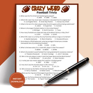 Printable Crazy Weird Football Trivia Game, Pub Trivia, Sports Party for The Big Game TRIV02