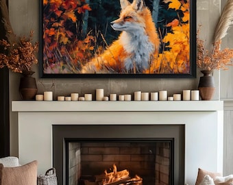 May include: A framed painting of a fox in a forest setting, with vibrant orange and yellow autumn leaves. The fox has orange fur and white chest. The painting is displayed above a fireplace with lit candles and decorative vases.
