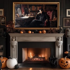 May include: A framed painting of a man in a dark suit seated at a desk, above a fireplace decorated for Halloween. The mantelpiece holds pumpkins and decorative items. The fireplace has a burning fire inside.