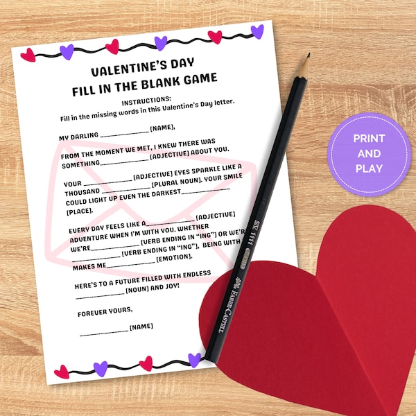 Printable Valentines Day Fill in the Blank Game, Funny Love Letter, Funny Fill Ins, Finish the Phrase, Word Games, Party Games