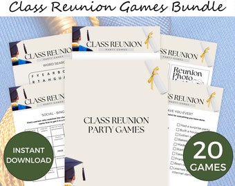 May include: A printable bundle of 20 class reunion party games. The games include a word search, a bingo game, a "have you ever?" game, and a reunion photo game. The games are designed to be printed and played at a class reunion.