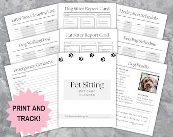 May include: A printable pet sitting planner with sections for a dog or cat sitter to track feeding, walking, medication, litter box cleaning, and emergency contacts. The planner also includes a section for the pet's profile and a spot for the owner's information.