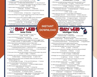 Printable Crazy Weird Upper Midwest States Trivia Game Bundle, Pub Trivia, Icebreaker Games on Iowa, Michigan, Minnesota, Wisconsin TRIV02
