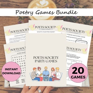 Pacchetto di giochi di poesia stampabili: rompighiaccio, puzzle, domande, spunti di scrittura e altri giochi di parole per lettori e amanti della lettura BK03