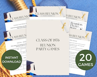 May include: A collage of printable party game ideas for a class of 1976 reunion. The games include "Guess the Price If", "Social - Bing", "Reunion Photo Hunt", and "1976 Trivia". The text "Class of 1976 Reunion Party Games" is in the center of the collage. There is a green circle with the text "20 Games" in the bottom right corner.