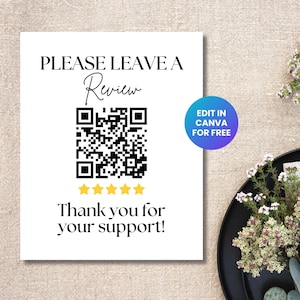 Plantilla de letrero con código QR editable "Por favor, deje una reseña", letrero comercial de agradecimiento