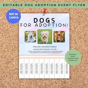 Editable Dog Adoption Event Tear Off Flyer, Nonprofit Animal Shelter, Dog Rescue with Bonus Editable Pet Adoption Profile Listing