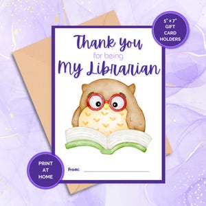 Portatarjetas de regalo imprimible de agradecimiento para bibliotecarios, regalos para bibliotecarios, obsequios para maestros de bibliotecas, bibliotecarios escolares