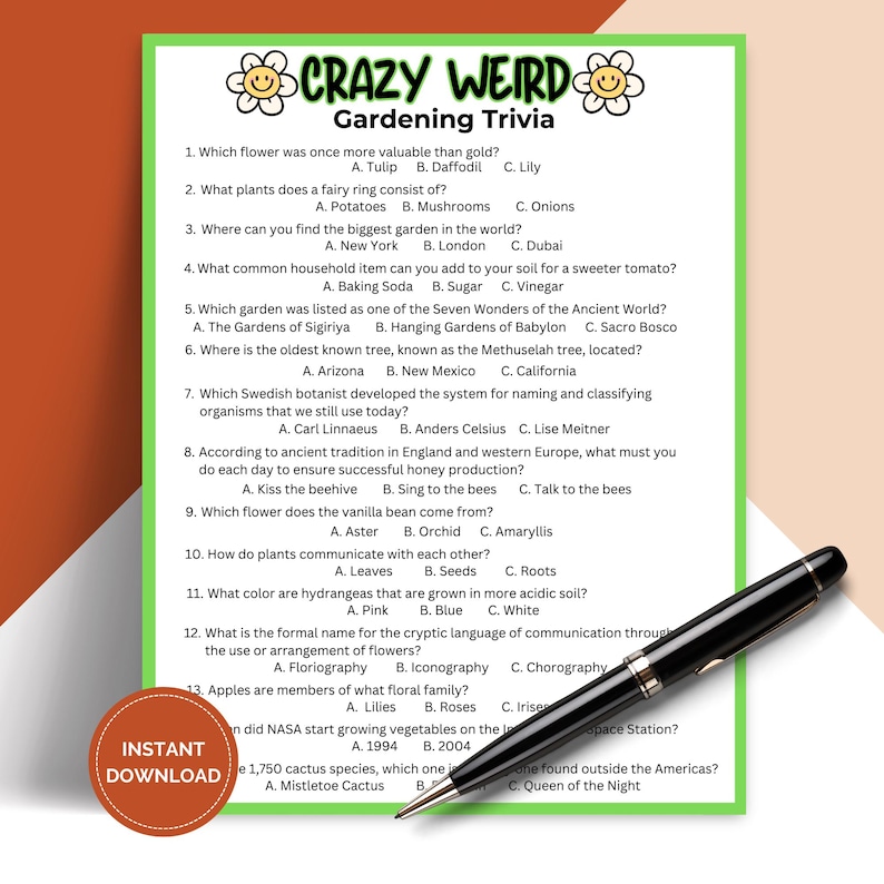 Printable Crazy Weird Gardening Trivia Game, Pub Trivia, Nature and ...