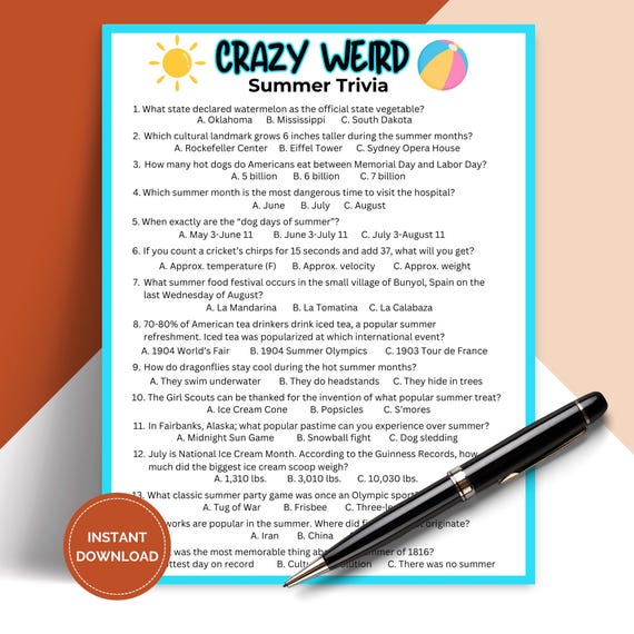 Printable Crazy Weird Summer Trivia Game, Pub Trivia, Icebreaker Games for Work, Fun Summertime Activity TRIV02