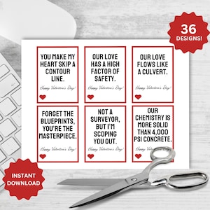 May include: A white card with six Valentine's Day designs, each with a red border and text. The phrases include "You make my heart skip a contour line" and "Our love flows like a culvert." A pair of scissors and a keyboard are in the image.