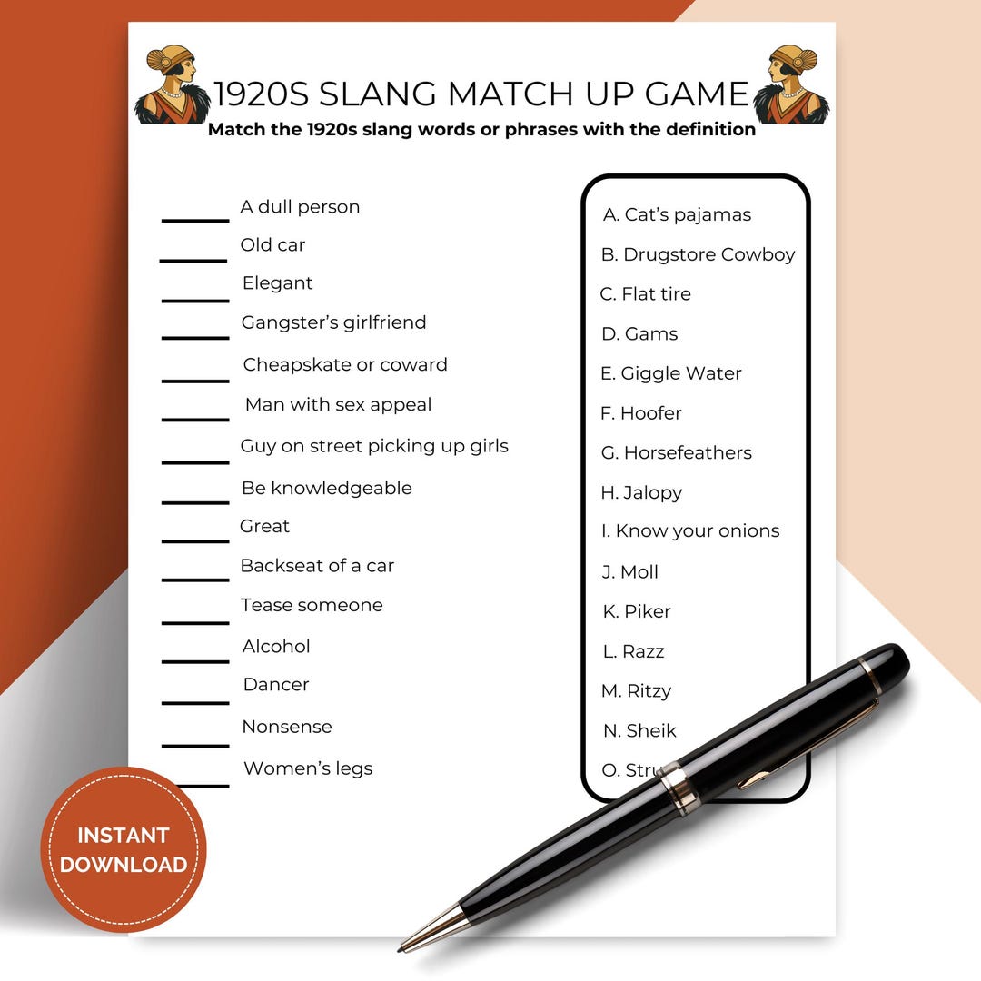 Roaring 20s Slang Match up Game Printable, 1920s Theme Party Icebreaker ...
