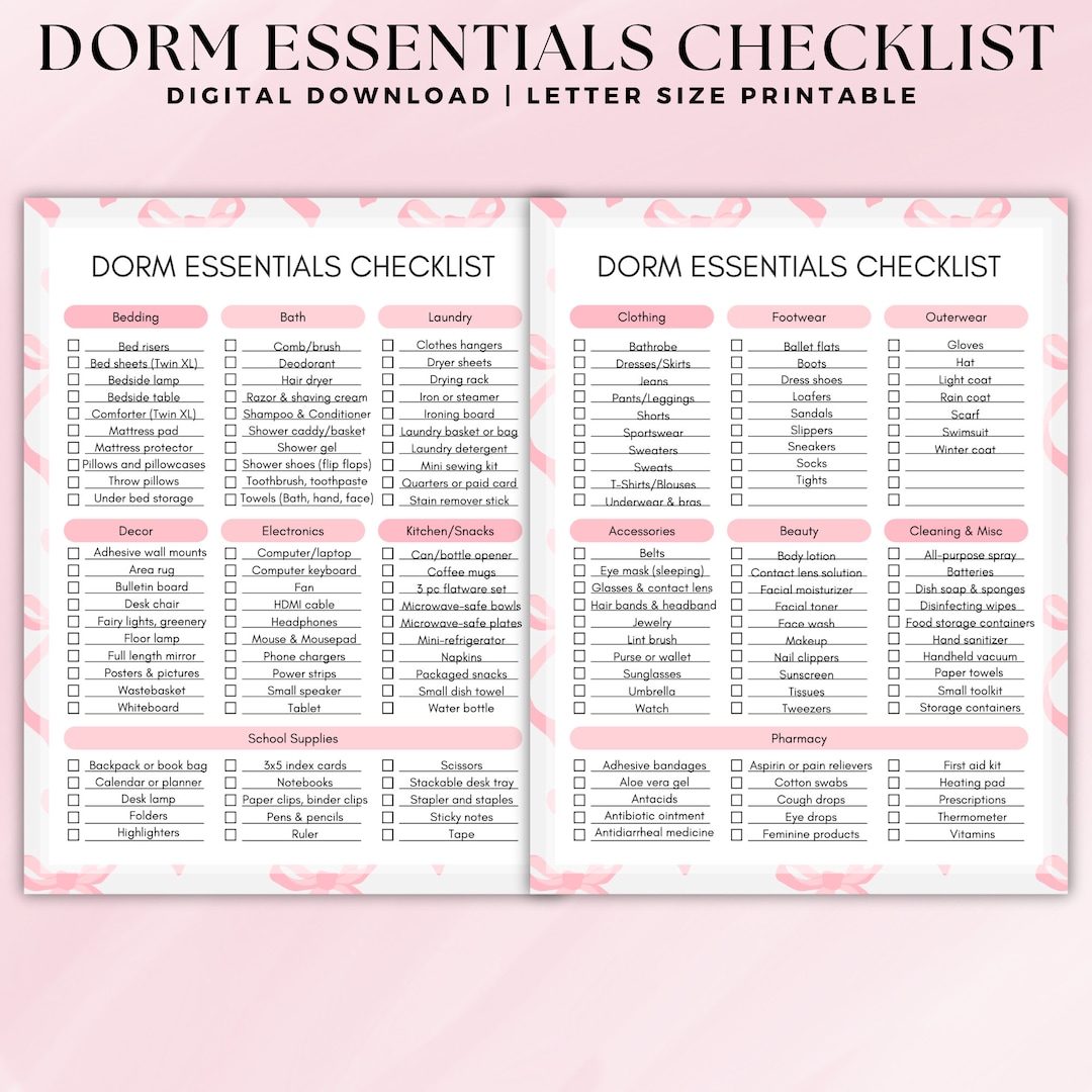 Printable Dorm Room Essentials Checklist - A Pink Bow Coquette ...
