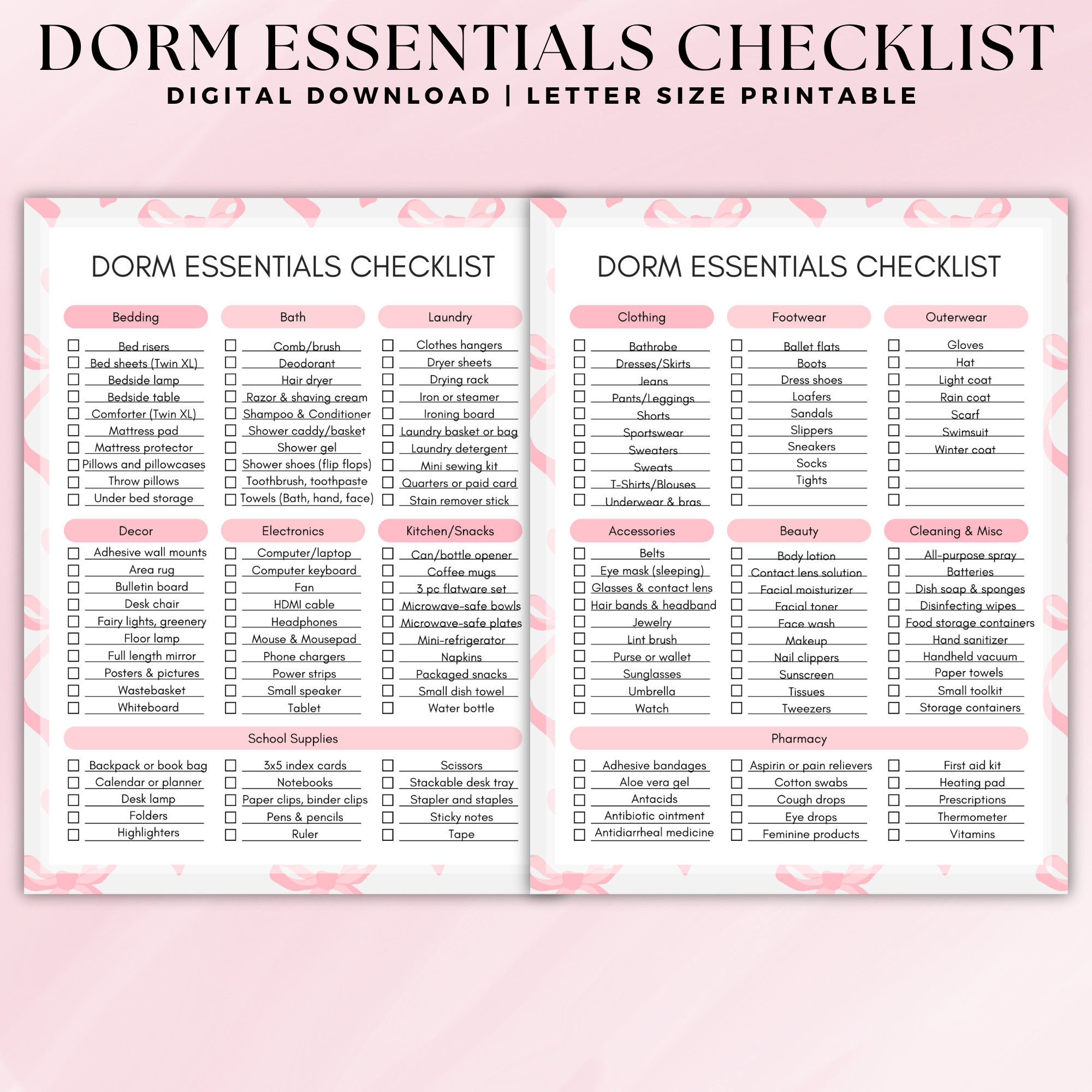 Printable Dorm Room Essentials Checklist - A Pink Bow Coquette ...