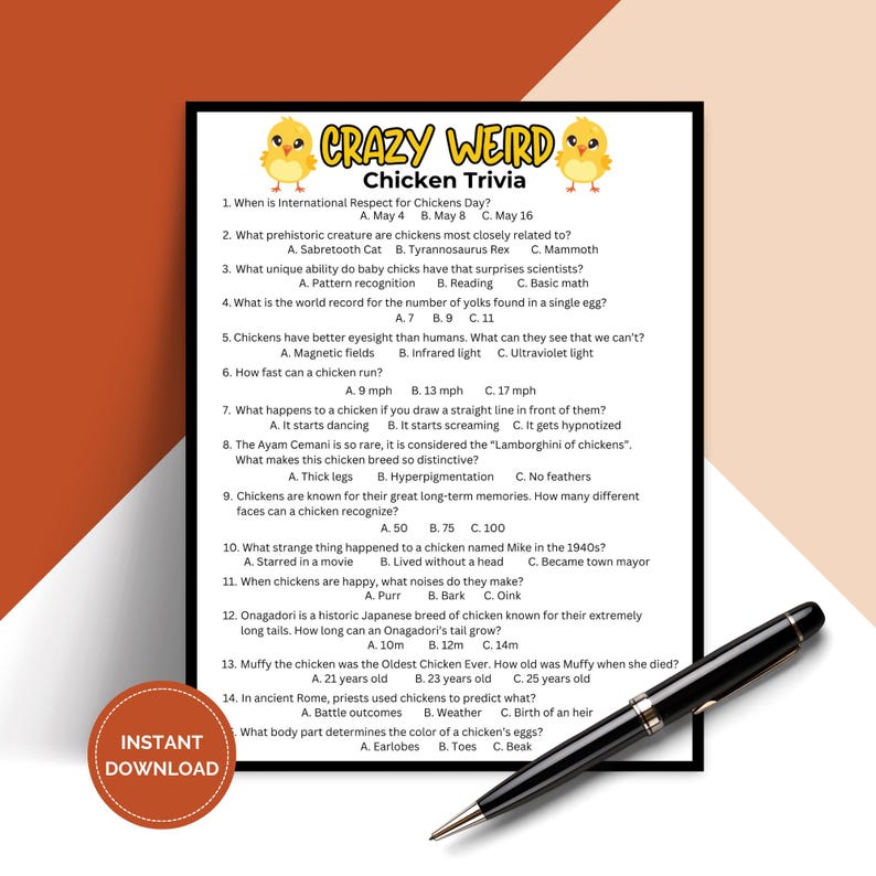 Printable Crazy Weird Chicken Trivia Game, Pub Trivia Night for Chicken ...