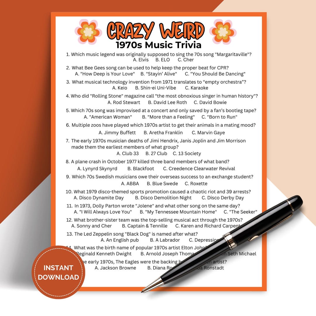 Printable Crazy Weird 1970s Music Trivia Game, 70s Theme Pub Trivia ...