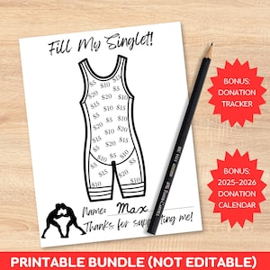 Puede incluir: Una hoja imprimible en blanco y negro con el texto "Fill My Singlet!" y un contorno de camiseta de tirantes con cantidades en euros. Incluye un lápiz, un rastreador de donaciones y un calendario. El texto "Printable Bundle (Not Editable)" está en la parte inferior.