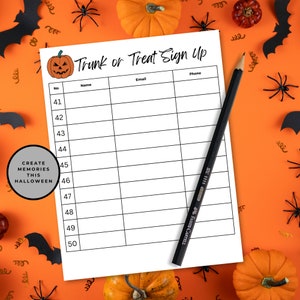 Create memories this Halloween with this printable trunk or treat sign up sheet. An example sign up sheet is set against an orange background with pumpkins, paper bats and plastic spiders.