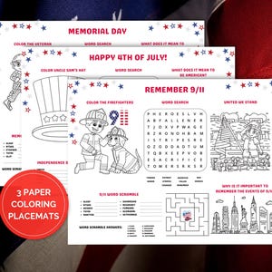 Set di tovagliette di carta patriottiche stampabili: Memorial Day, 4 luglio, commemorazione dell'11 settembre