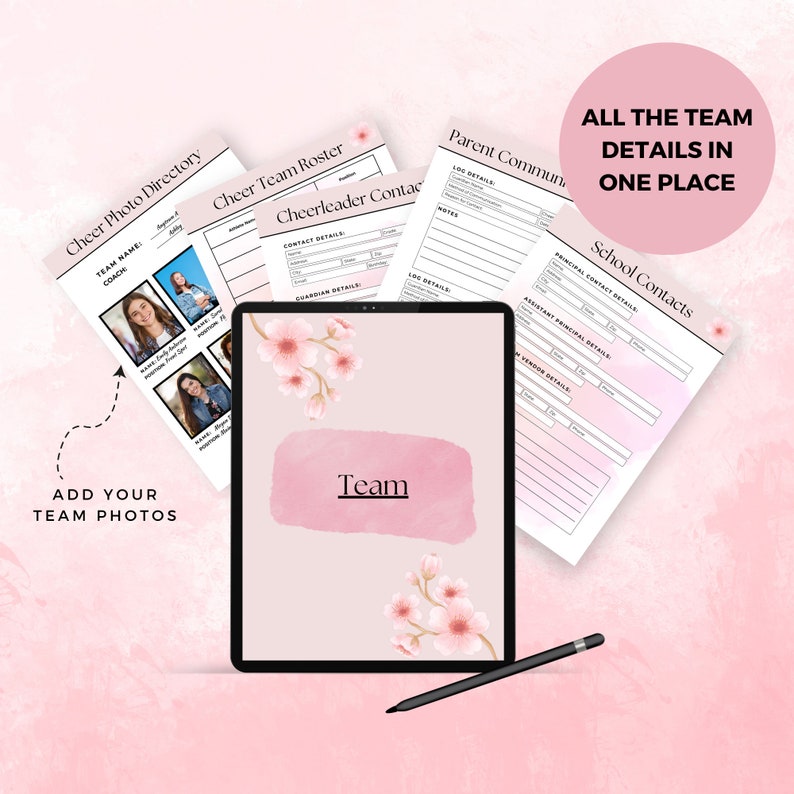 Tablet that has the Team section page on it. Behind the tablet are different templates related to collecting contact information about the cheer team members. The pink bubble in the right corner says All the Team Details in One Place.