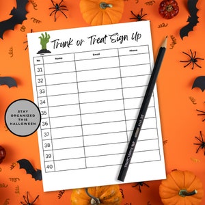 Stay organized this Halloween with the Trunk or Treat sign up sheet bundle. An example sign up sheet is set against an orange background with pumpkins, paper bats and plastic spiders.