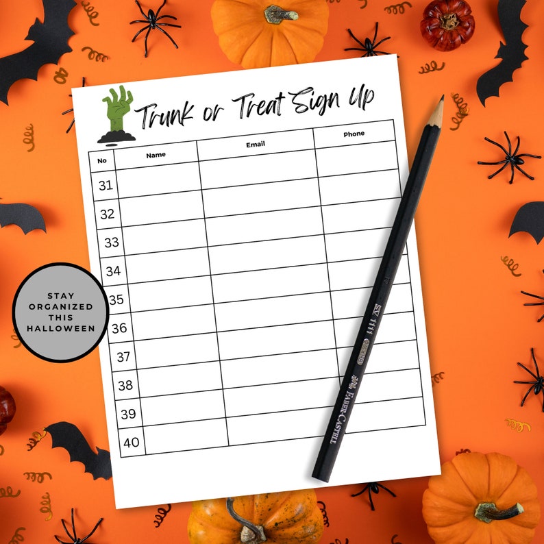 Stay organized this Halloween with the Trunk or Treat sign up sheet bundle. An example sign up sheet is set against an orange background with pumpkins, paper bats and plastic spiders.