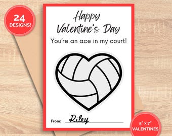 May include: Valentine's Day card with a volleyball heart design. The card has the text "Happy Valentine's Day, You're an ace in my court!" and "From: Riley". The card is 12.7cm x 17.8cm and has "24 Designs!" on the left.