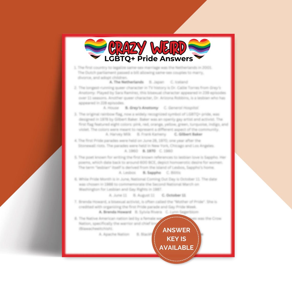 Printable Crazy Weird LGBTQ Pride Trivia Game, Pub Trivia Night, Queer ...