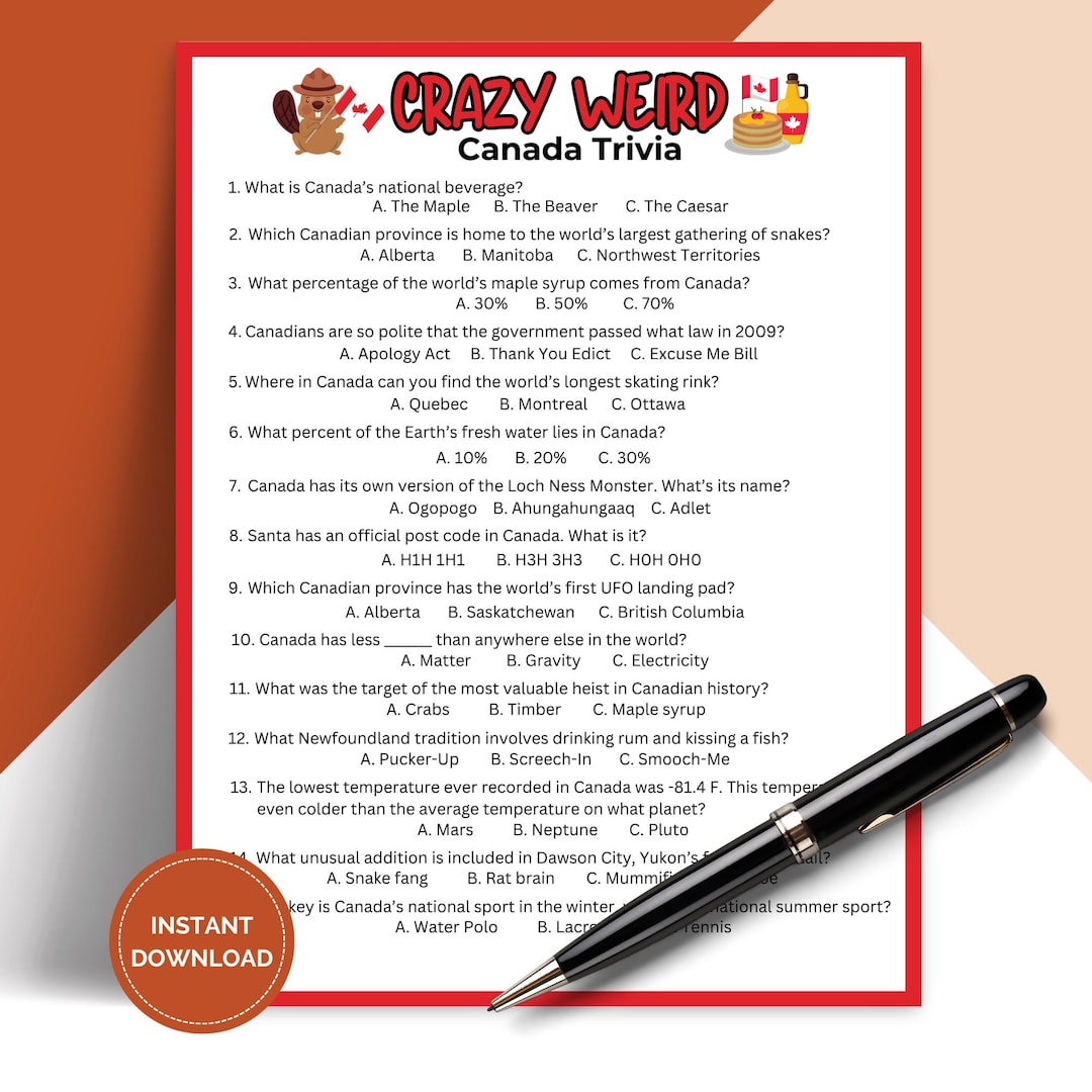 Printable Crazy Weird Canada Trivia Game, Pub Trivia Night, Icebreaker ...