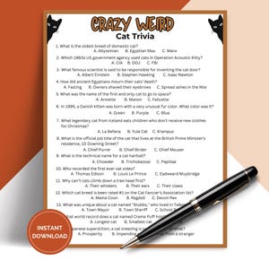 Printable Crazy Weird Cats Trivia Game, Pub Trivia, Icebreaker Games for Cat Lovers TRIV02