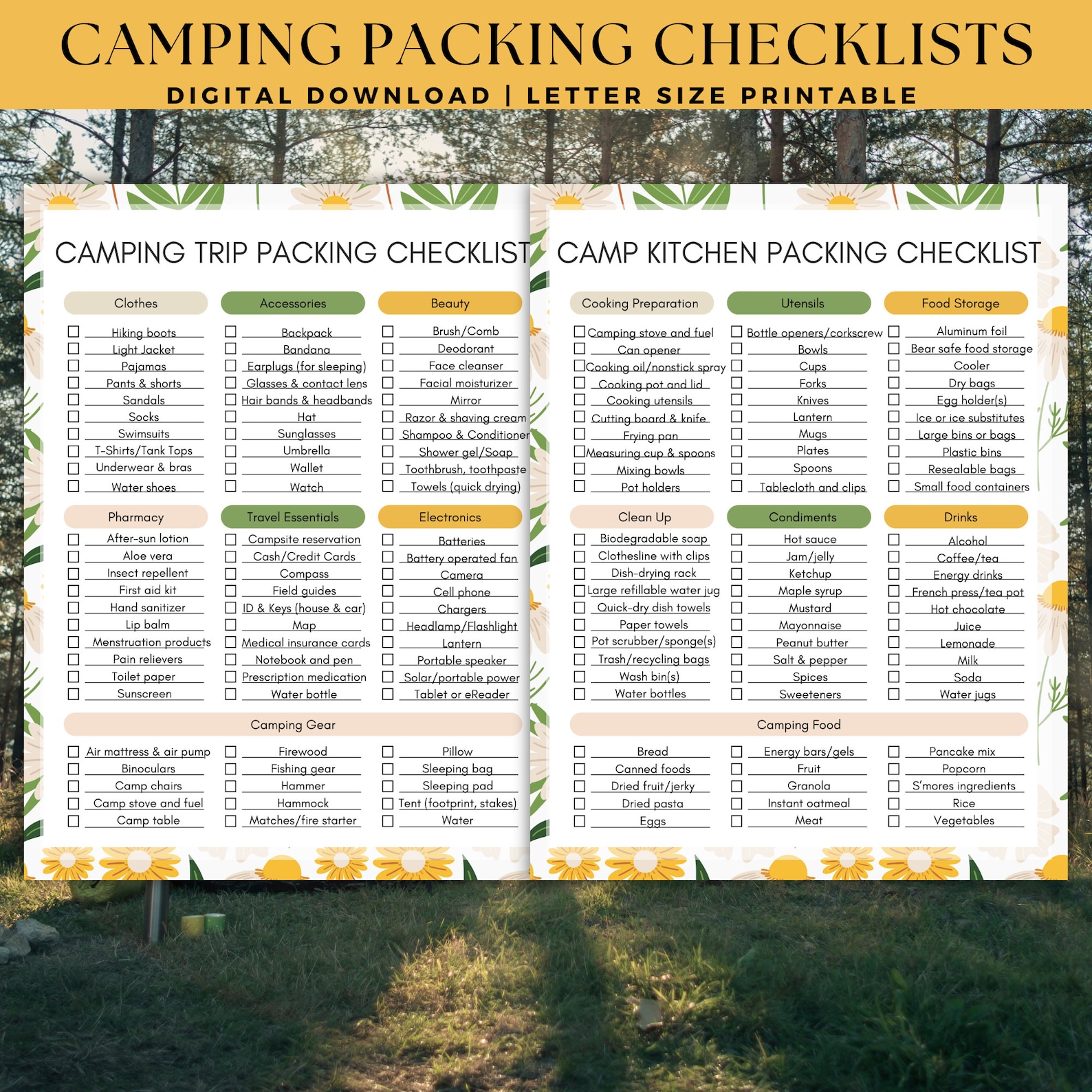 Printable Camping Essentials Checklist Yellow, Camping Packing