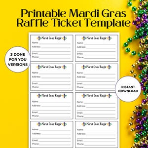 Druckbare Mardi Gras Tombola Tickets Vorlage, Fundraiser Veranstaltung, Schule PTO Fundraiser RAF01