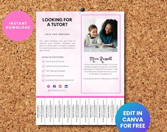Editable Tutor Tear Off Flyer Template, Tutoring Business Flyer, Service Flyer, Back to School Flyer