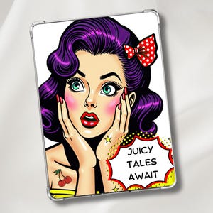 May include: A pop art style illustration of a woman with purple hair and red lipstick. She is holding her hands to her face in surprise. The background is white with a yellow and black pattern. The text "Juicy Tales Await" is in a speech bubble.