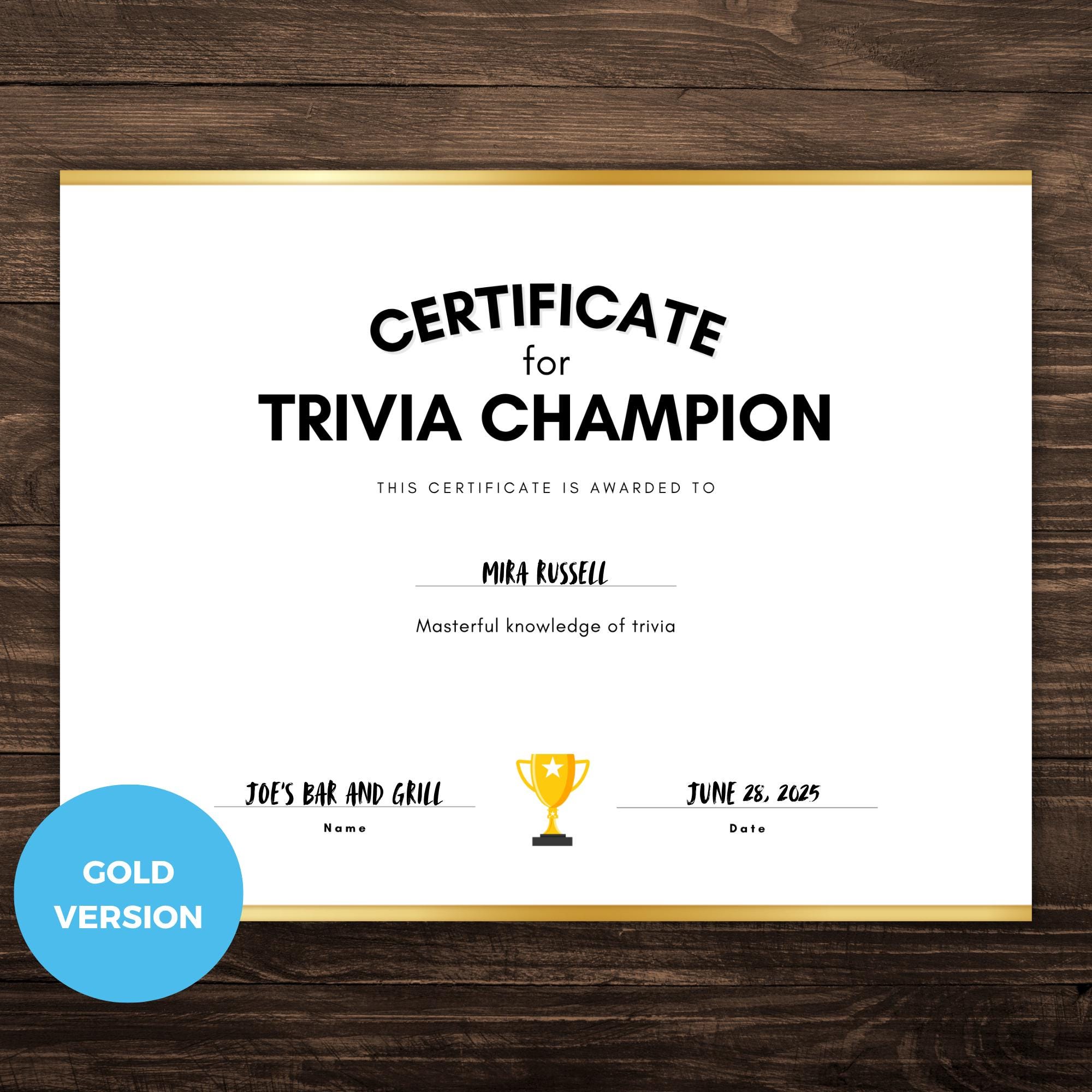 Printable Trivia Champion Certificate Awards, Pub Trivia, Icebreaker ...