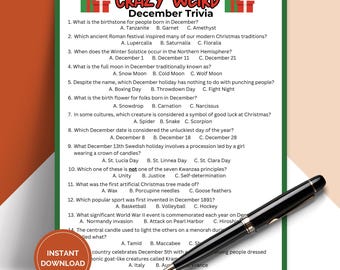Juego de preguntas y respuestas de diciembre imprimible, divertido y original, ideal para noches de preguntas y respuestas en bares, fiestas navideñas en la oficina o fiestas de cumpleaños en diciembre (TRIV02).