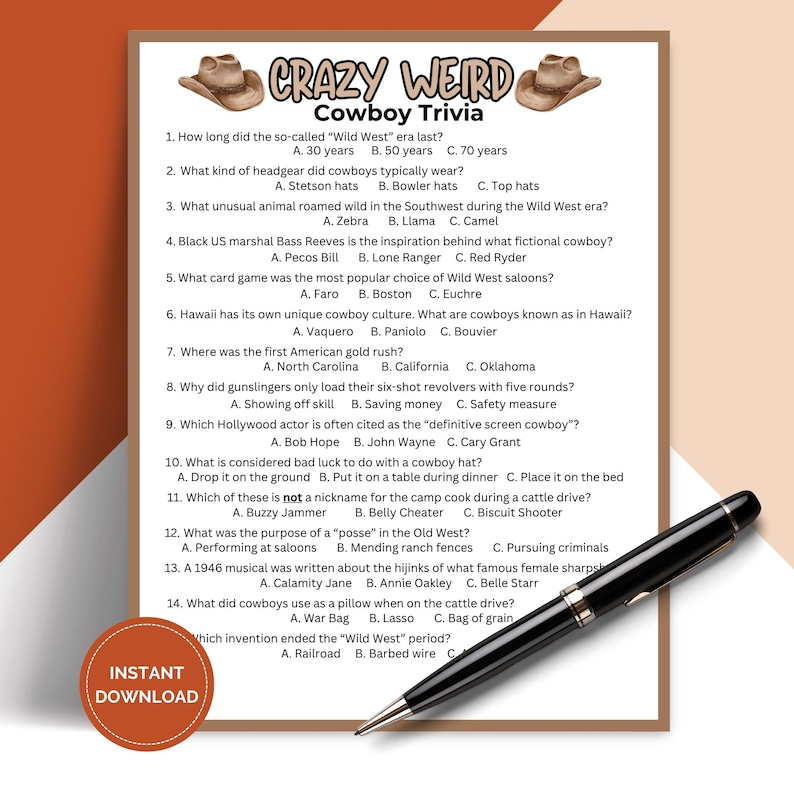 Question Cowboy Printable Crazy Weird Cowboy Trivia Game, Wild West Pub Trivia Quiz ...